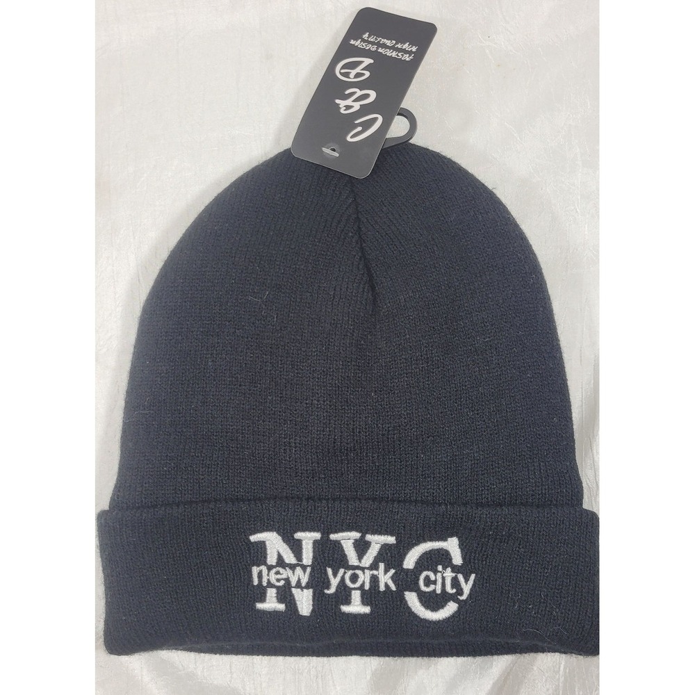 C&D Embroidered NYC New York City Fleece Lined Knit Beanie - Black - One Size